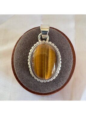 Tiger's Eye Bezel Set Pendant Sterling Silver 925 Size 1.5'' Length